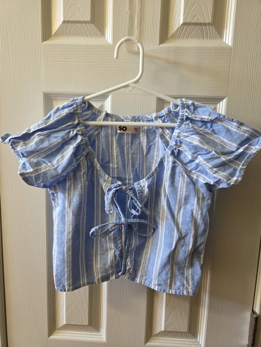 Light Blue & White Striped Tie-Front Crop Top, Pants Set